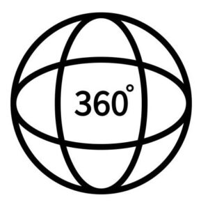 360 degree view. Logo of tour, globe and vision. Line icon for video, panorama of camera and full rotate. Round symbol of degrees coverage of camera. Geometric sign for 3d pictogram. Vector.